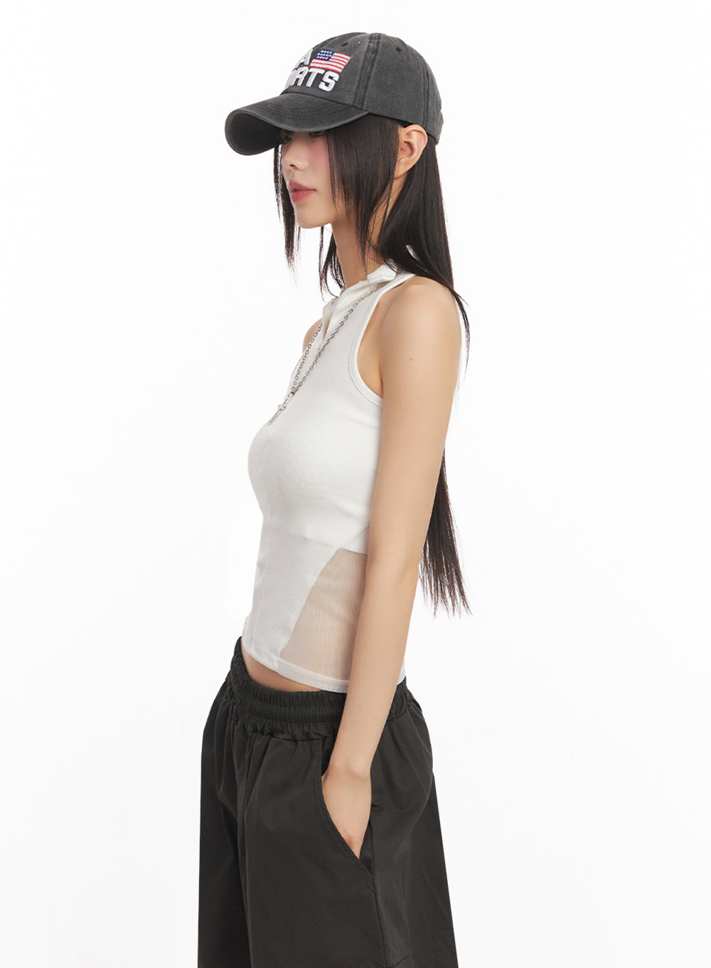 Mesh Sleeveless Collared Crop Top IY502