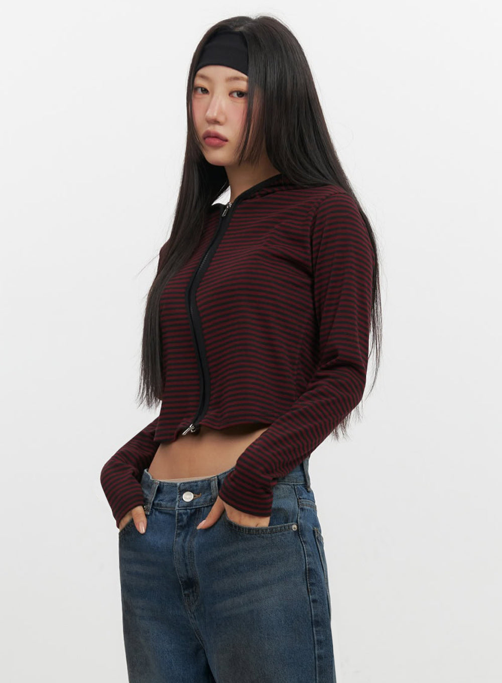 Striped Zip-Up Hooded Crop Jacket IF510