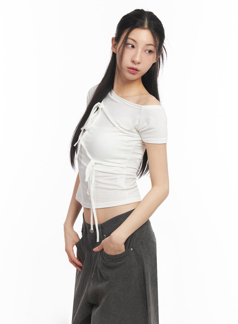 Ribbon Tie One-Shoulder Crop Top IY529