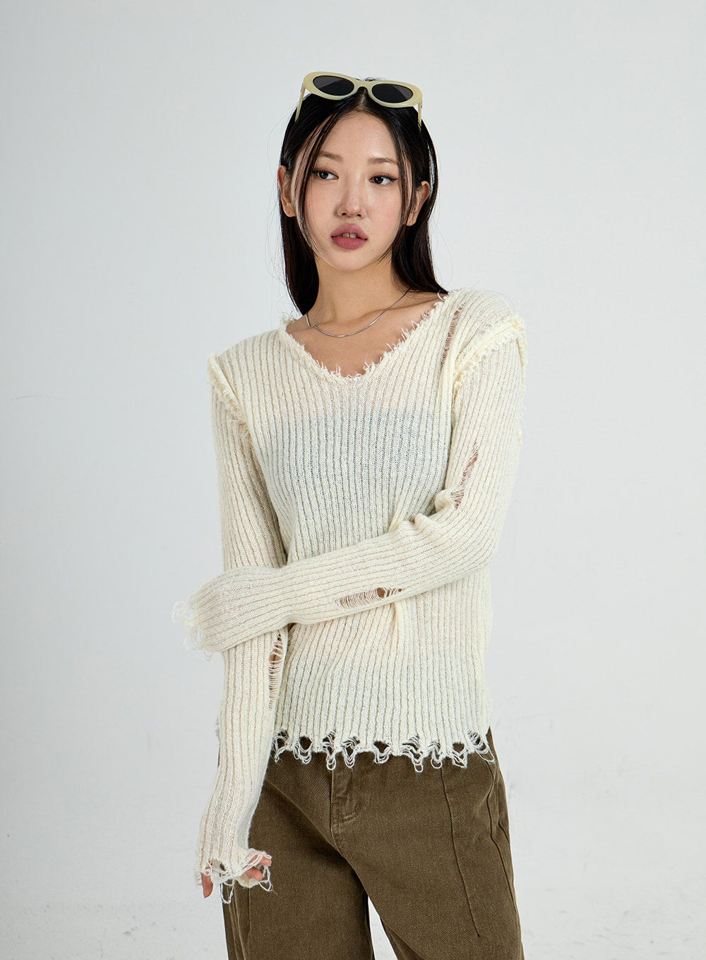 Ripped V-Neck Knit Top CO13