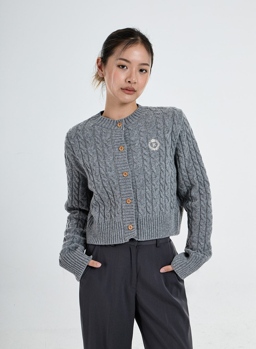 Button Embroidery Crop Knit Cardigan CO06