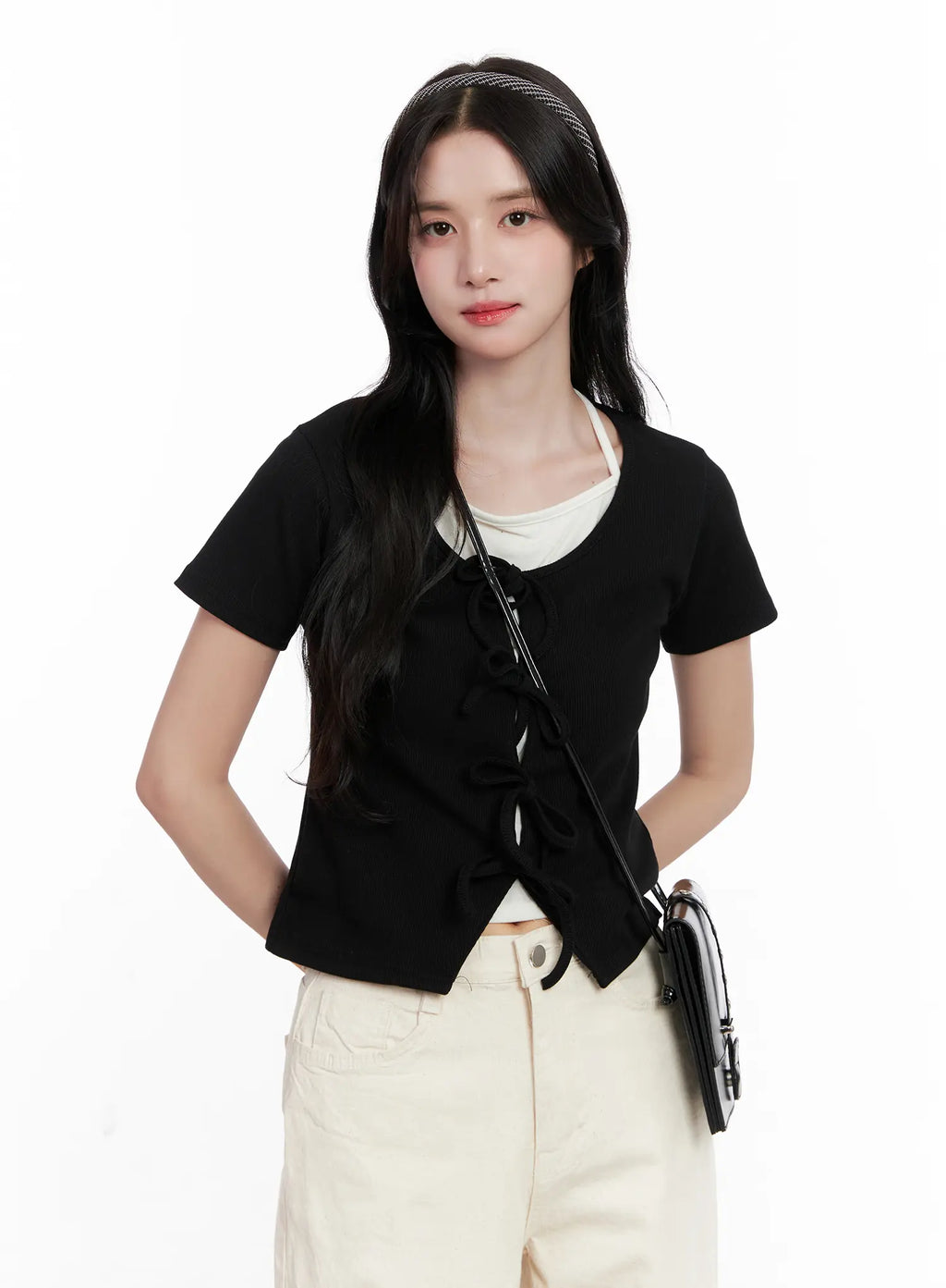 Ribbon-Tie Short-Sleeve Tee CL516