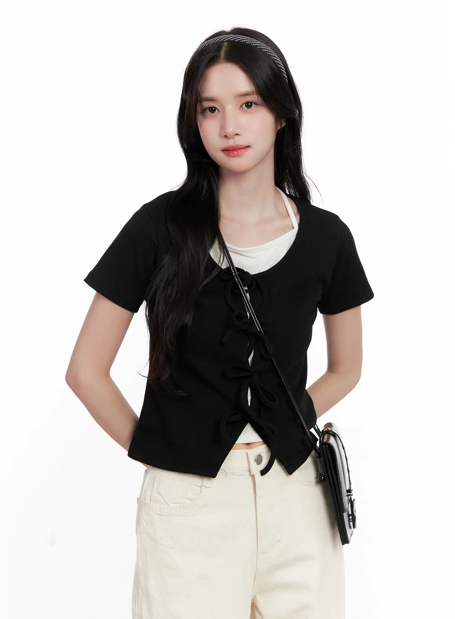 Ribbon-Tie Short-Sleeve Tee CL516