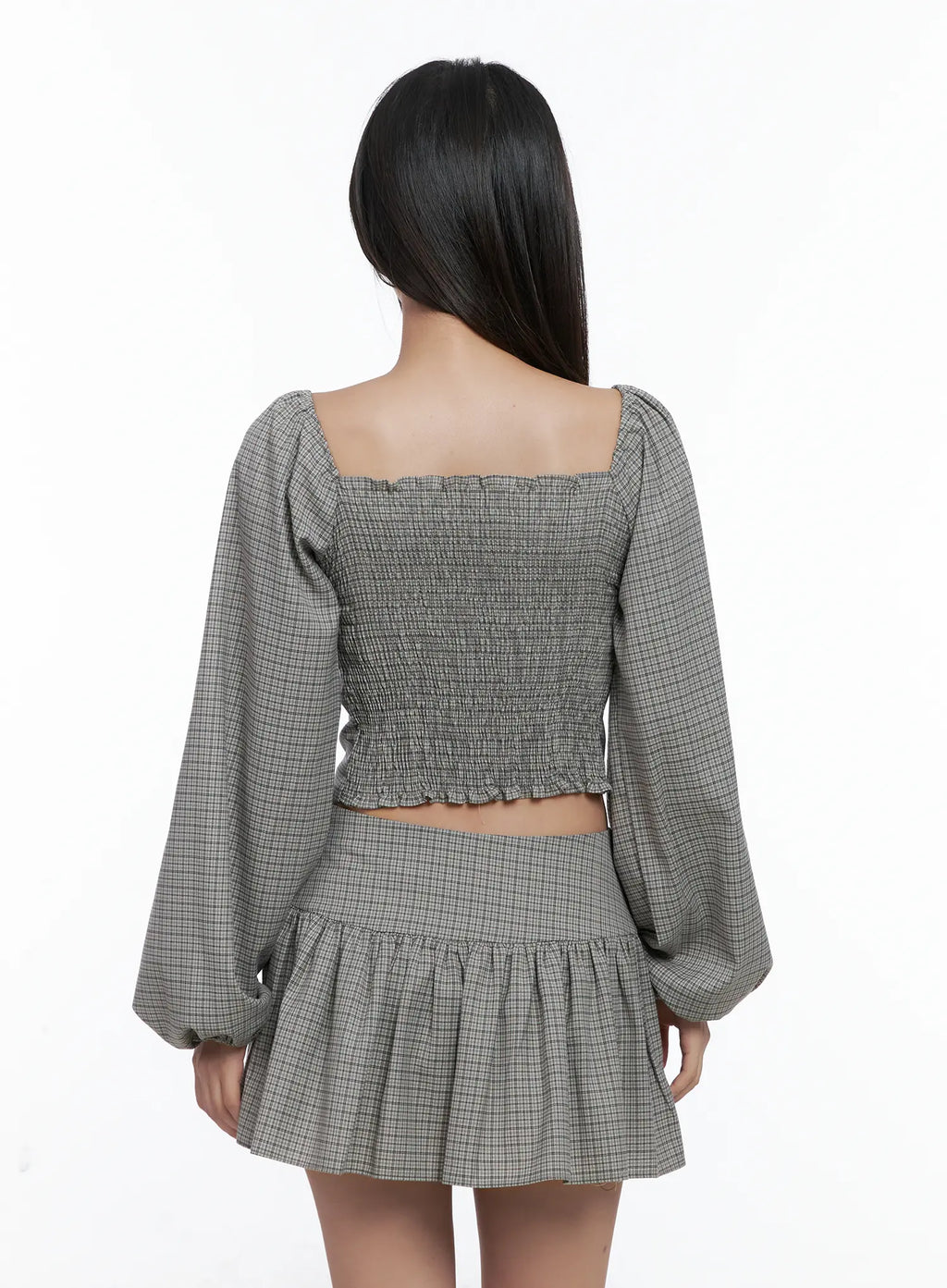 Gingham Button-Up Puff Sleeve Blouse CS503