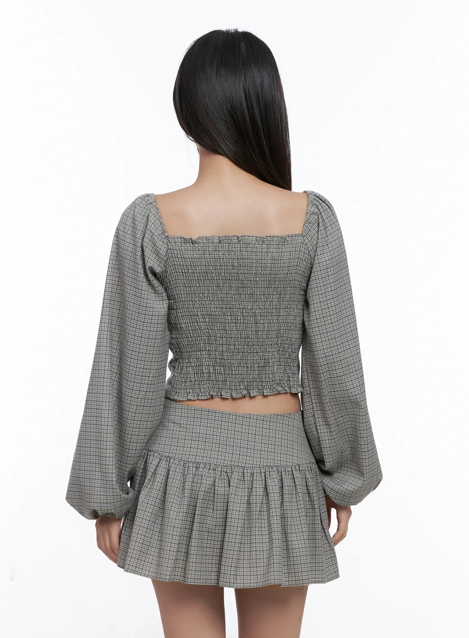 Gingham Button-Up Puff Sleeve Blouse CS503