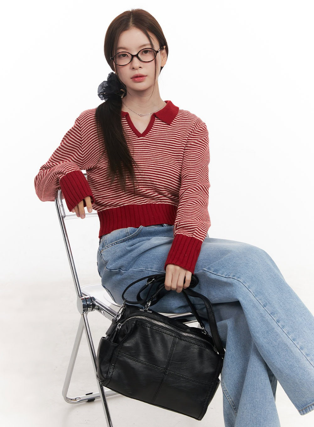 Cashmere-Blend Collared Stripe Crop Sweater CM512