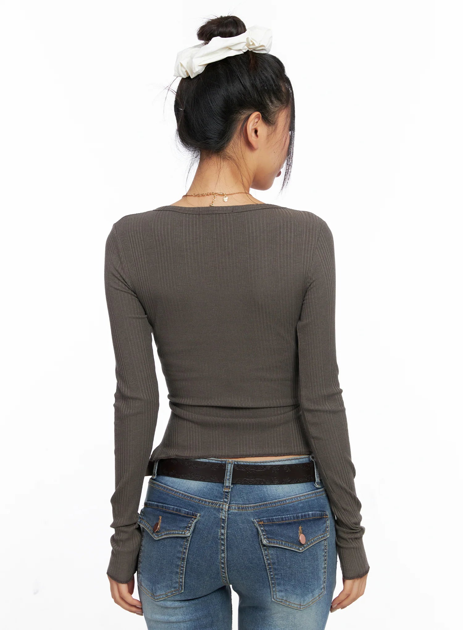 Ribbed U-Neck Button Detail Long Sleeve Top CO514