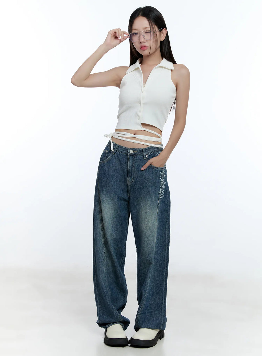 Asymmetric Buttoned Collared Tank Top CU527