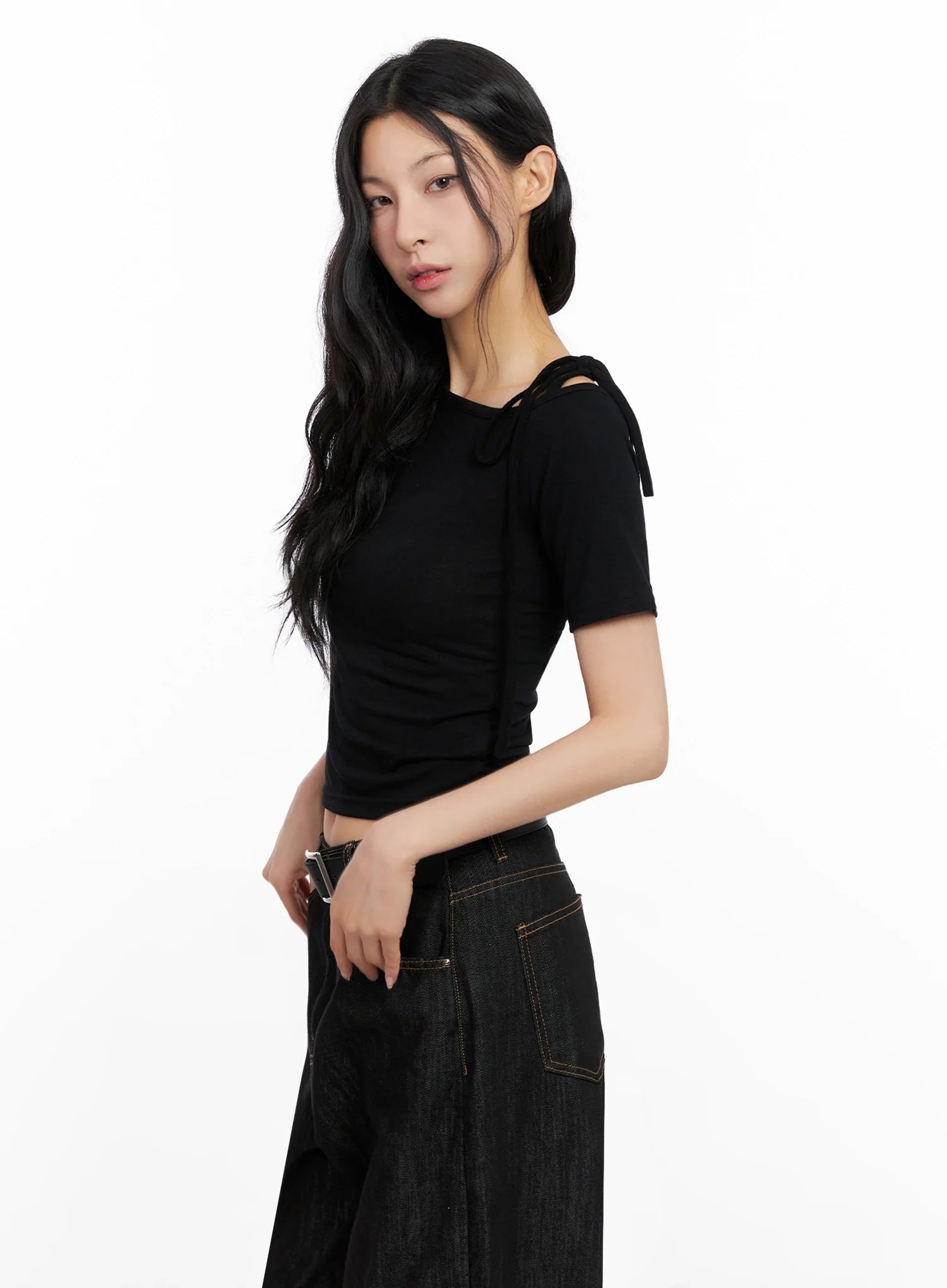 Asymmetric Shoulder-Tie T-Shirt IG508