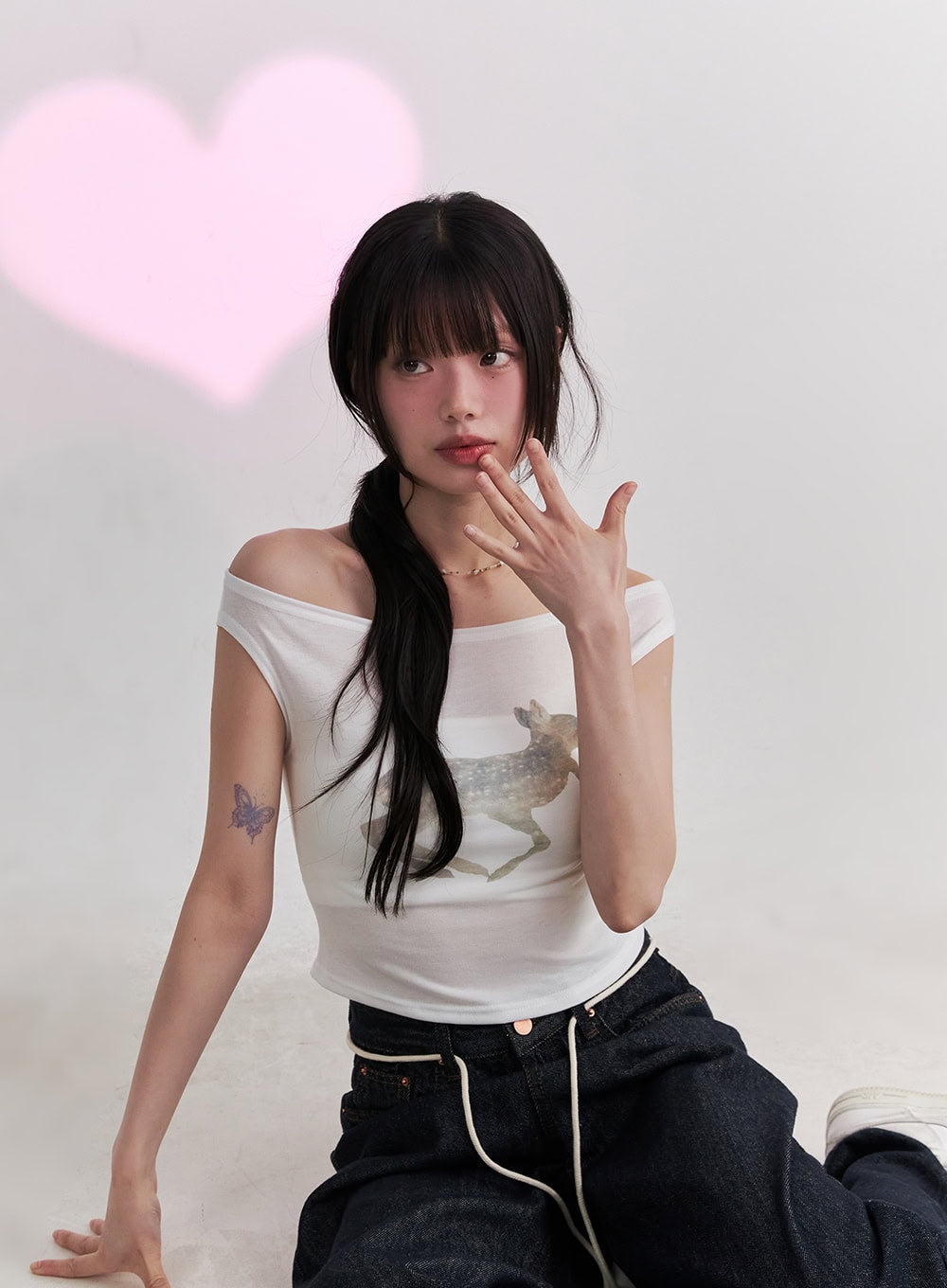 Cute Animal-Print  Graphic Off-Shoulder Crop Top CY521