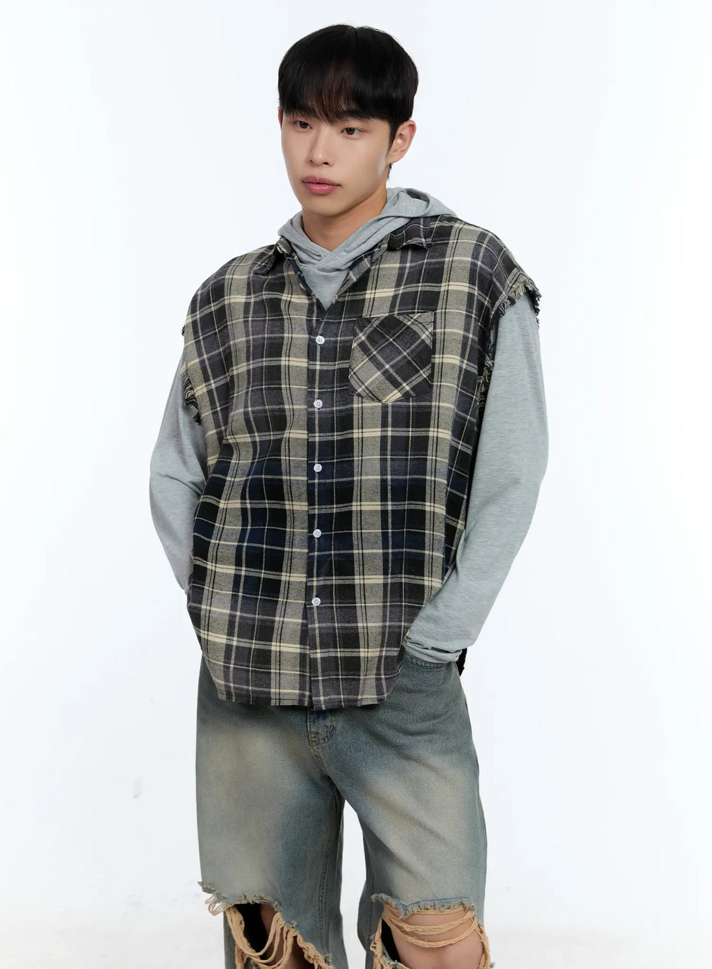 Men's Distressed Plaid Shirt Vest IL517