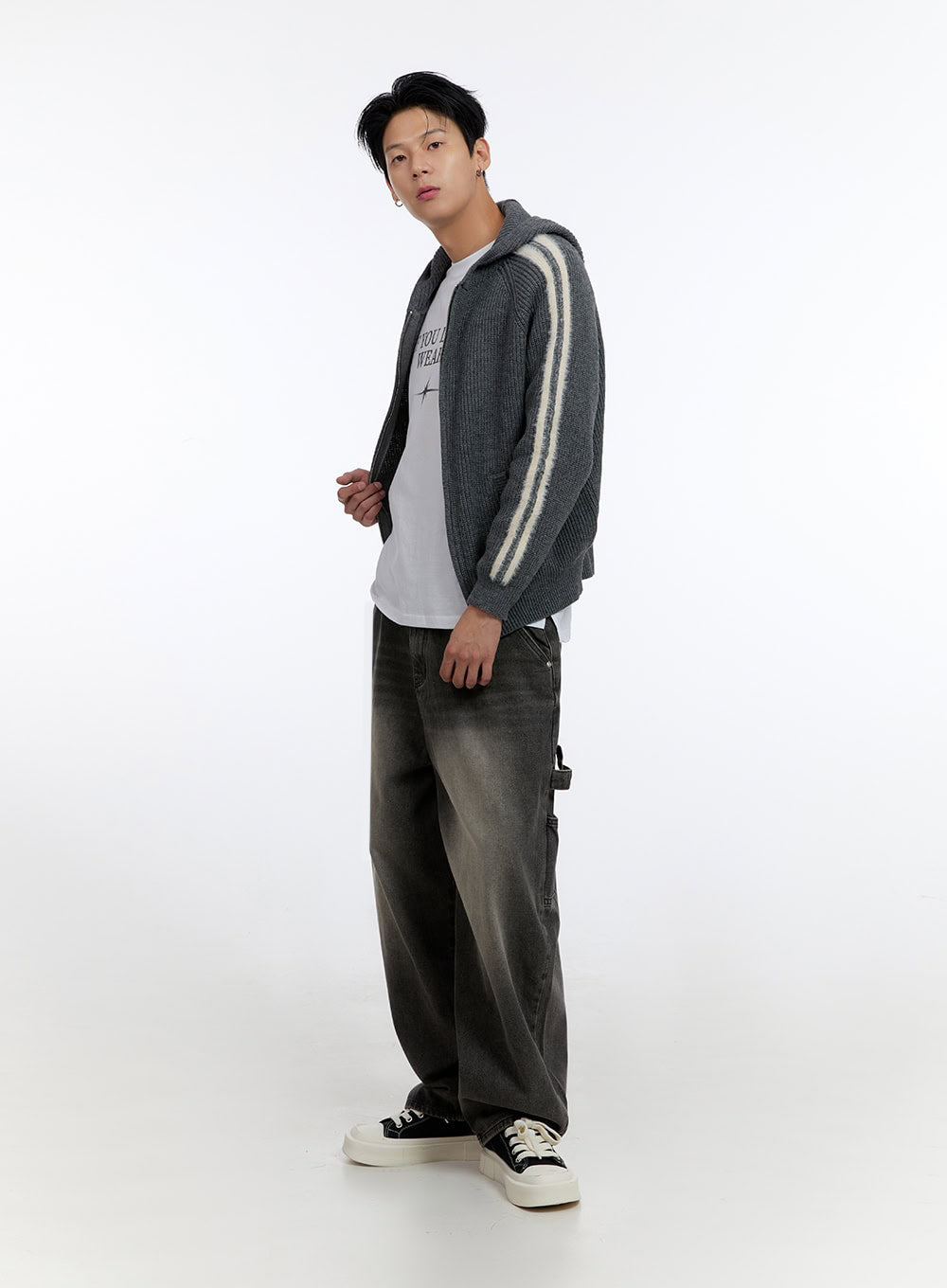 Men's Striped Double Zipper Knit Hoodie IO428