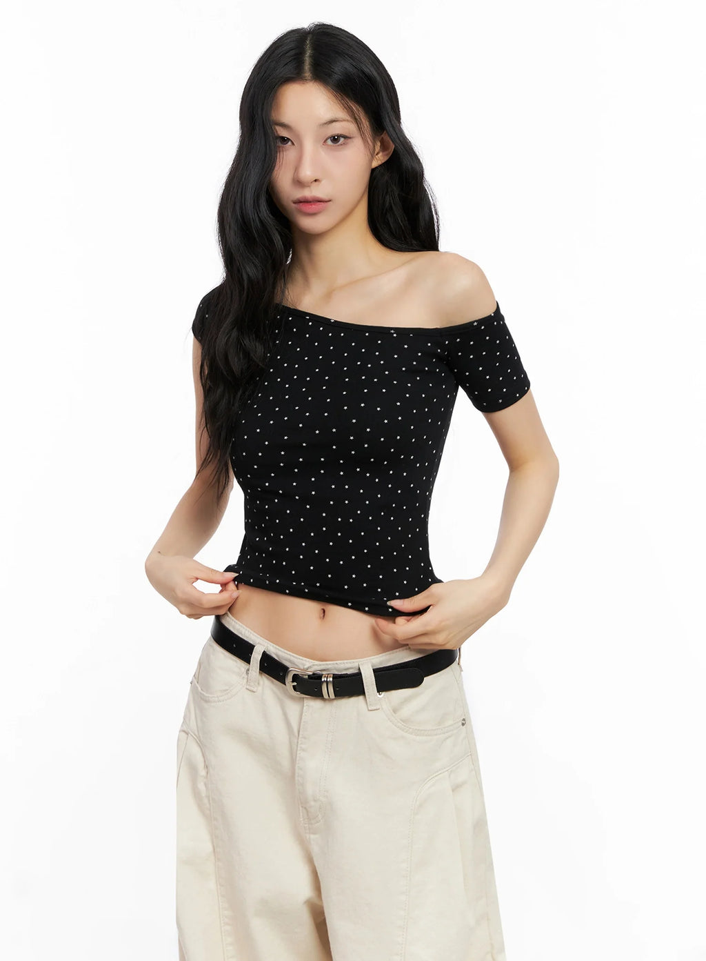 Star Print Off-Shoulder Crop Top IG508