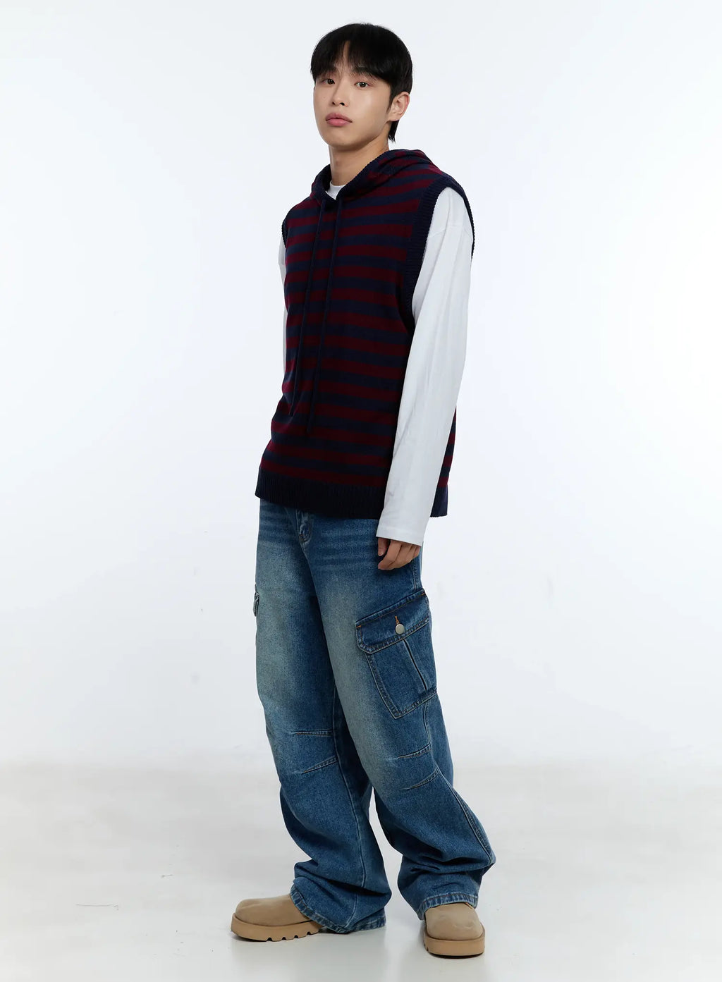 Men's Striped Knit Sleeveless Hoodie IG515