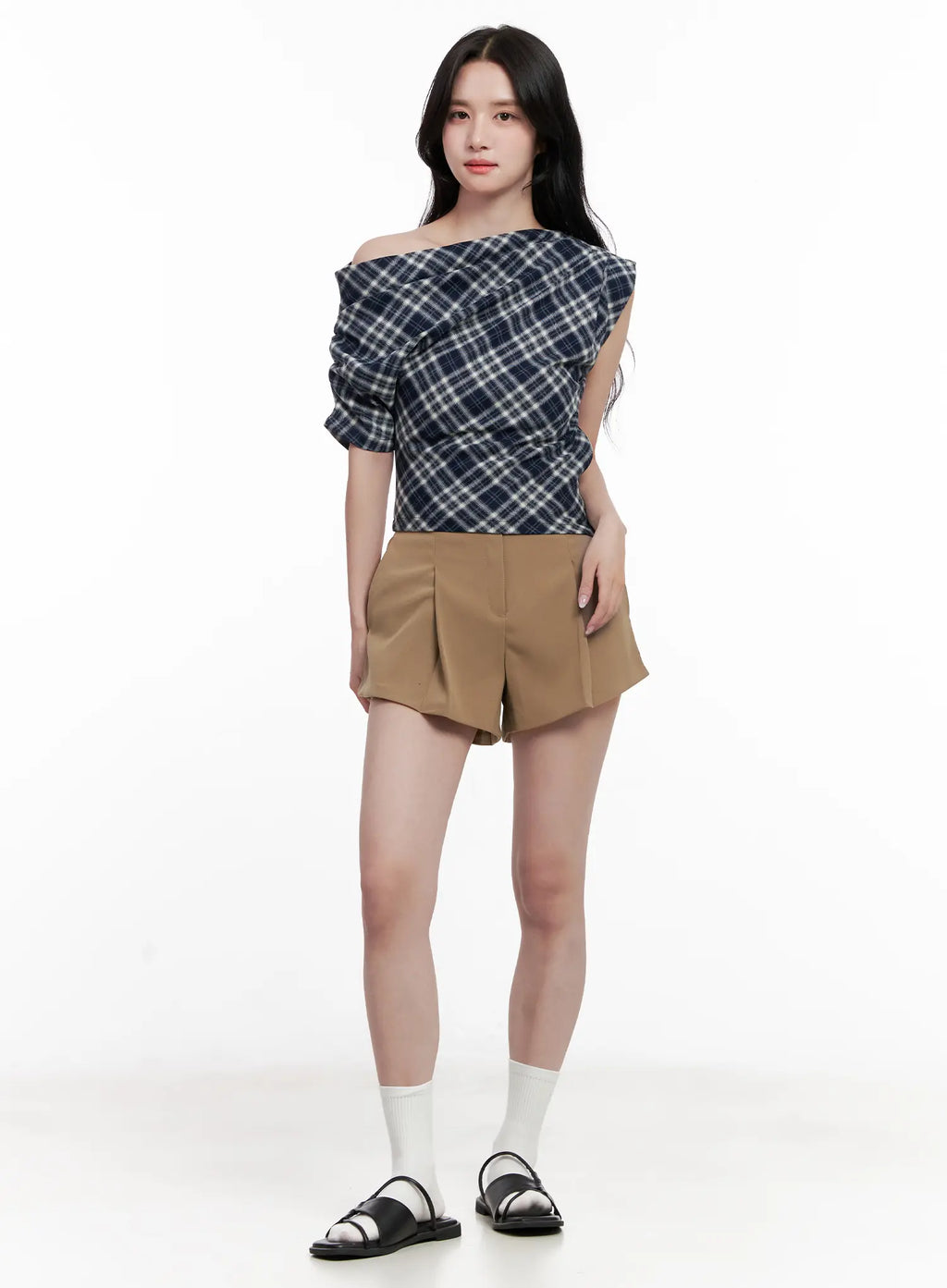 Plaid Asymmetric Ruched Off-Shoulder Top CL516