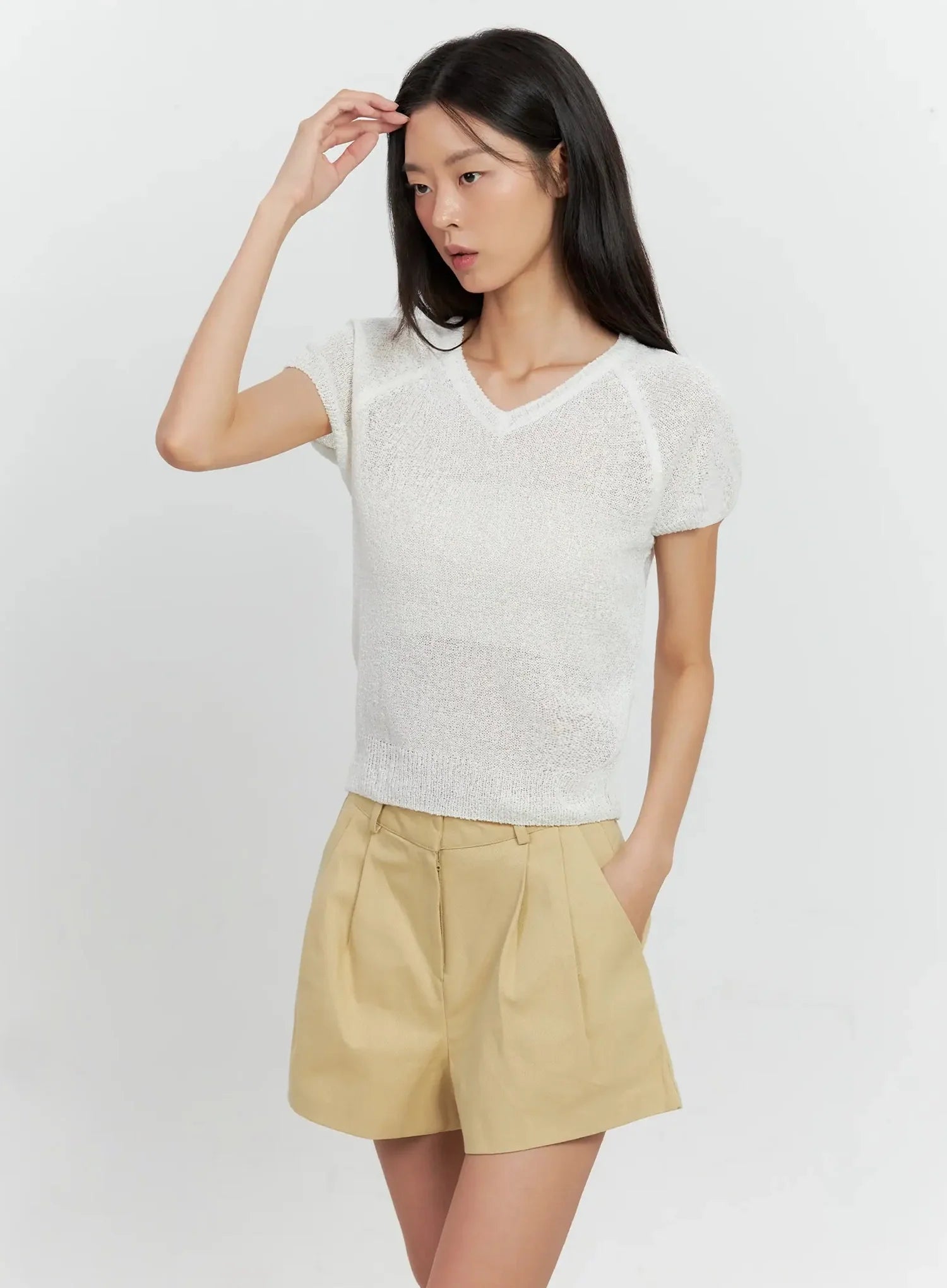 Mesh V-Neck Short-Sleeve Top IL528