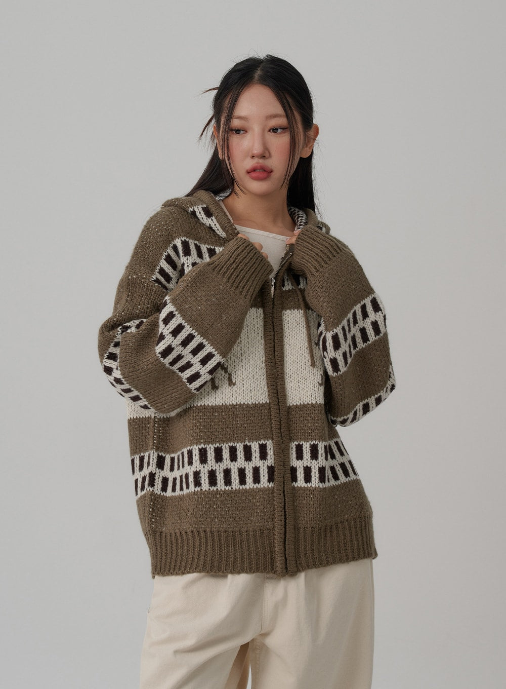 Oversize Hooded Zipper Knit CN03