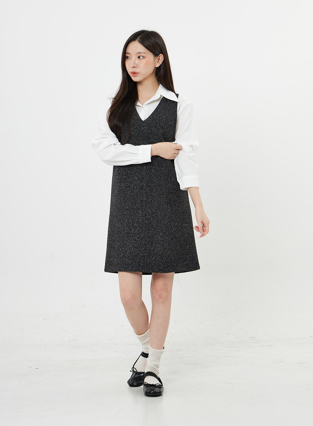 Mixed Color V-Neck Wool Dress BO21