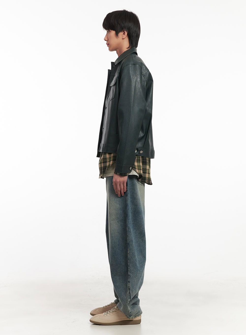 Men's Faux-Leather Collared Trucker Jacket IA511