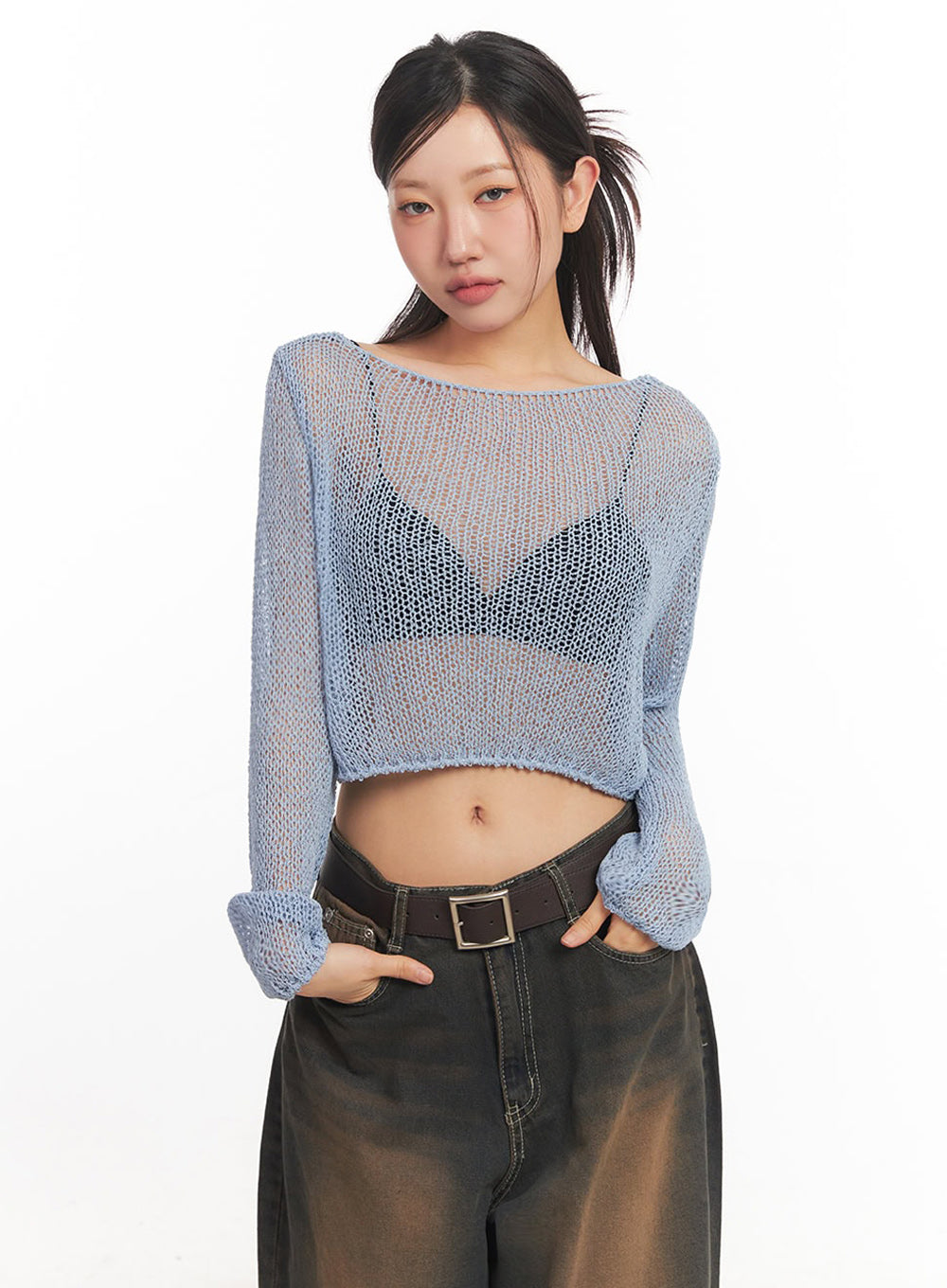Mesh Back-Strap Knit Crop Top IA521