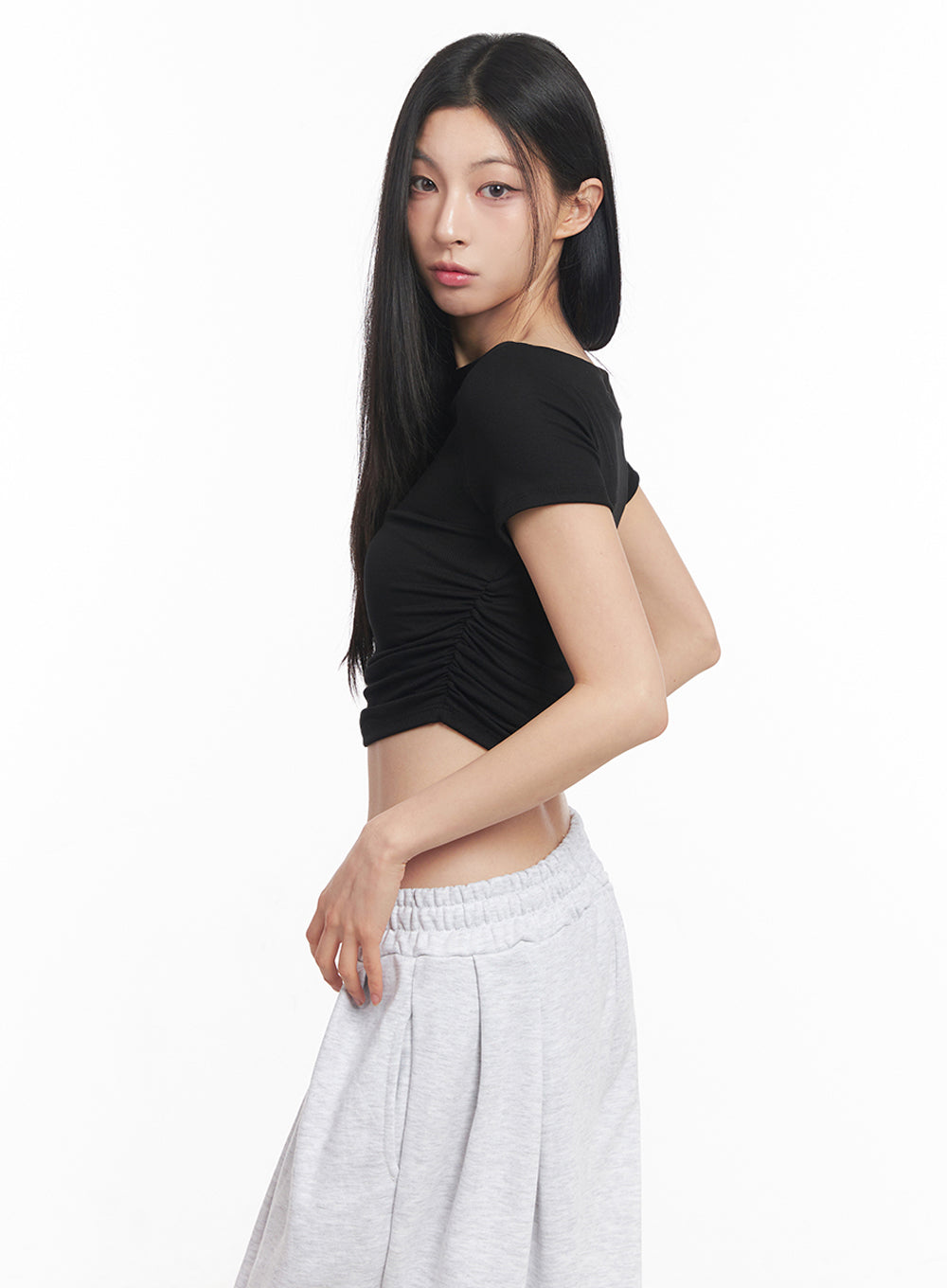 Off-Shoulder Shirred Crop Tee IY516