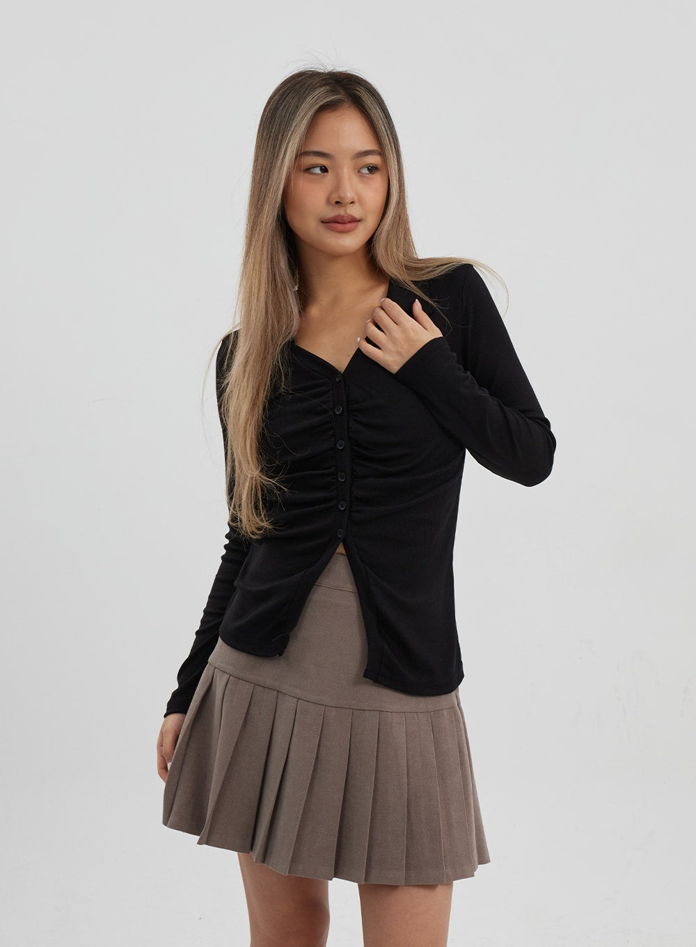 Ruffle Bust Button V-Neck Top CJ325