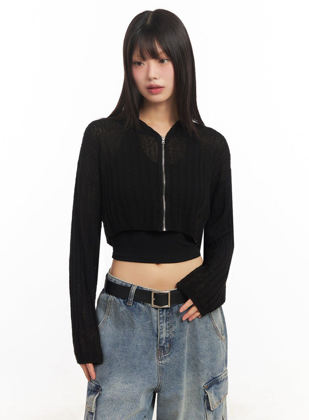 Zip-Up Sheer Hooded Cardigan IA528