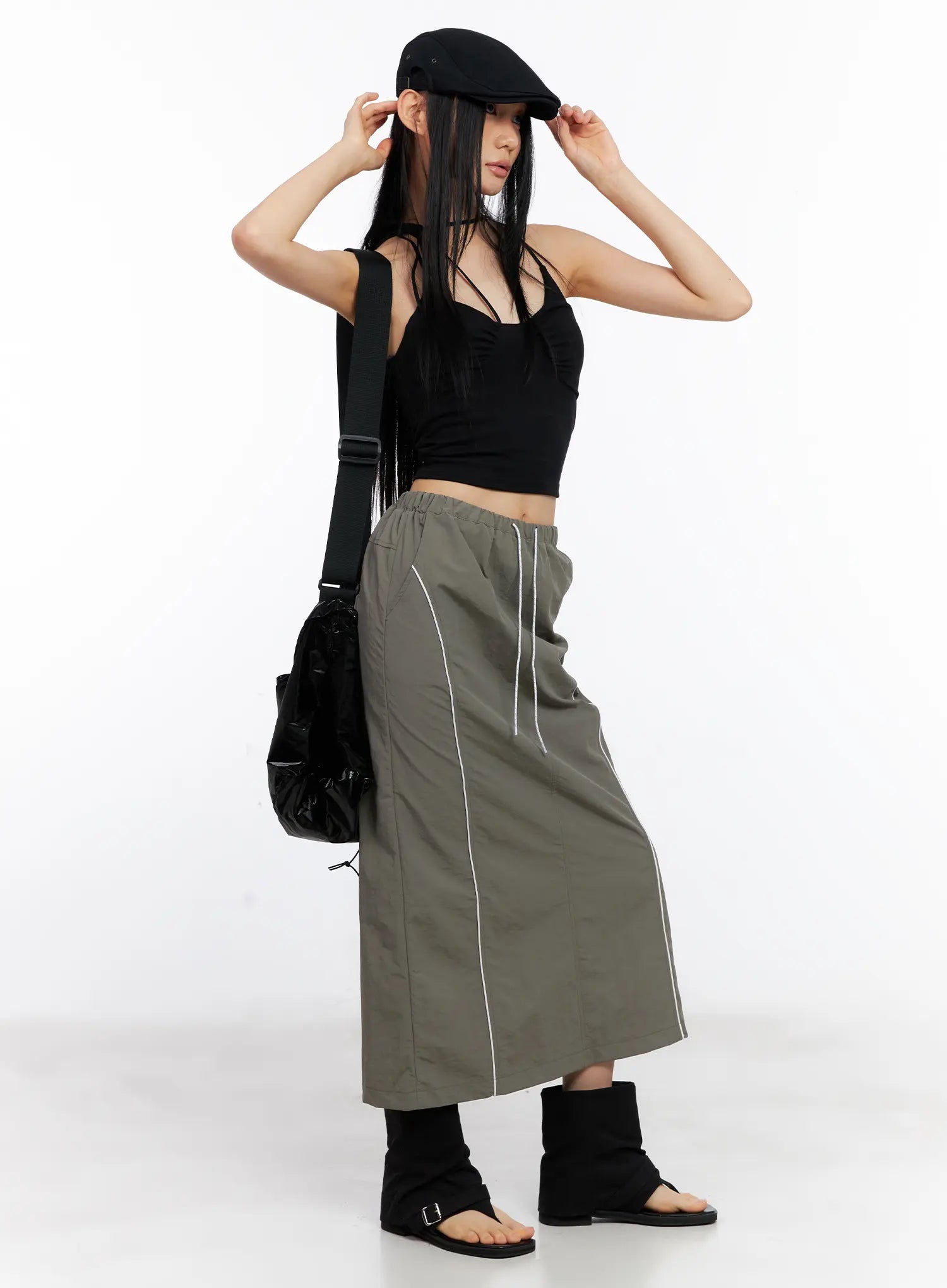 Nylon Drawstring Maxi Skirt CL530