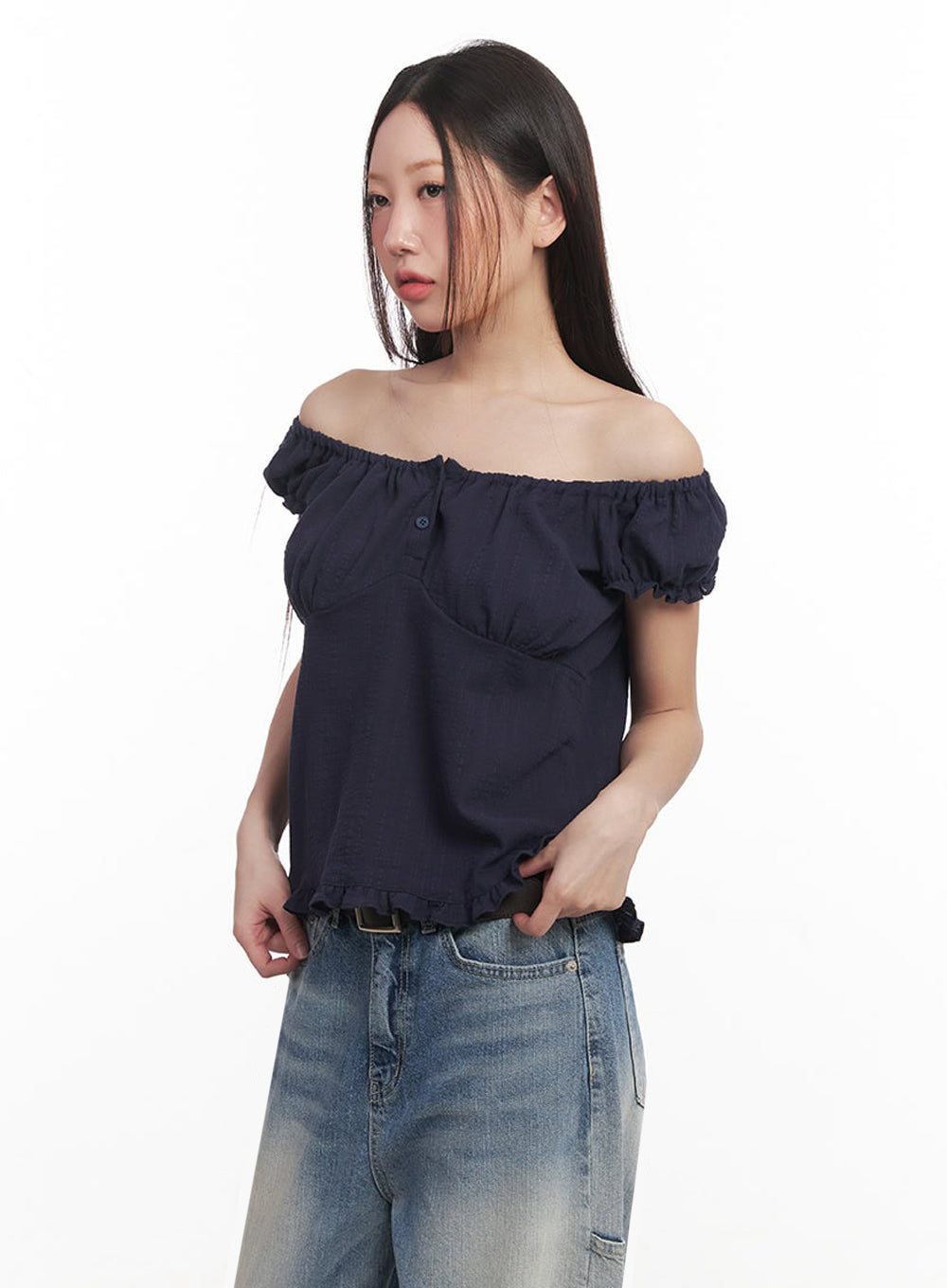 Frill Buttoned Off-Shoulder Blouse Top IM528