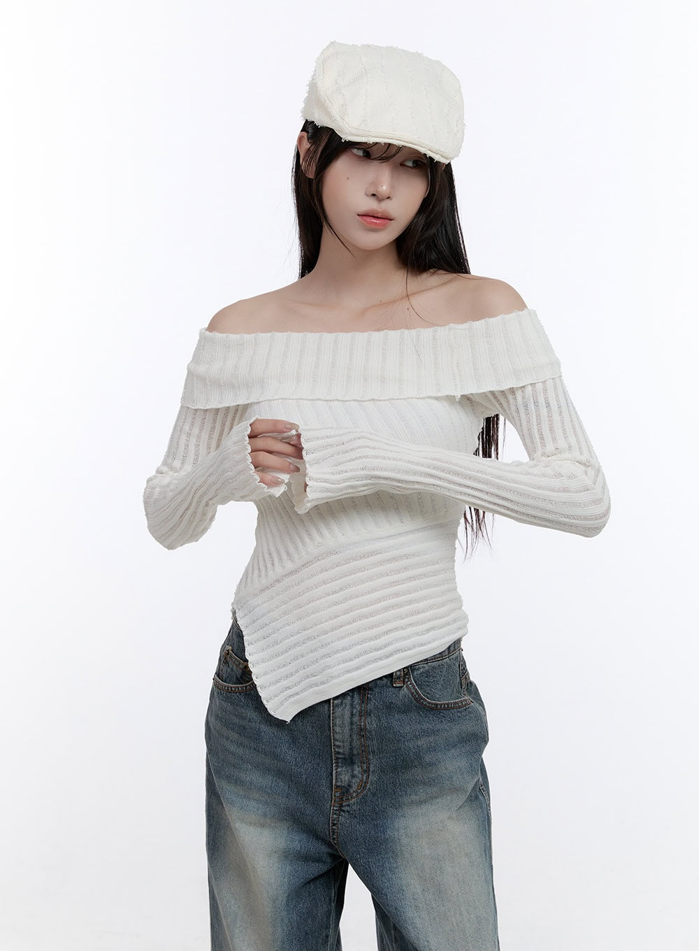 Unbalanced Long-Sleeve Off Shoulder Top CO418