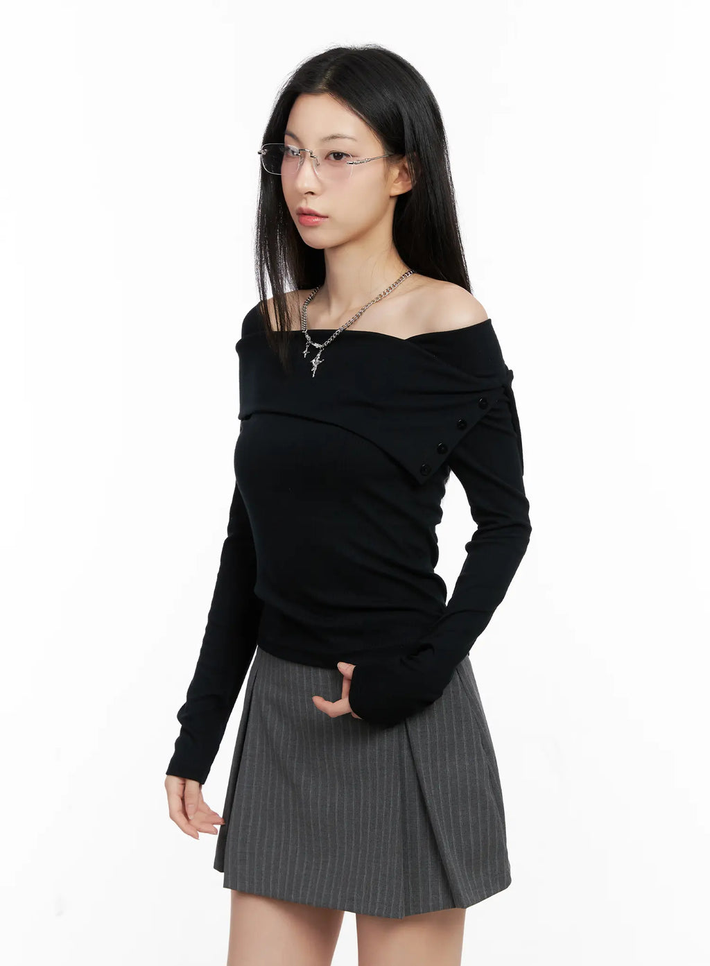 Buttoned Off-Shoulder Long Sleeve Top CG525