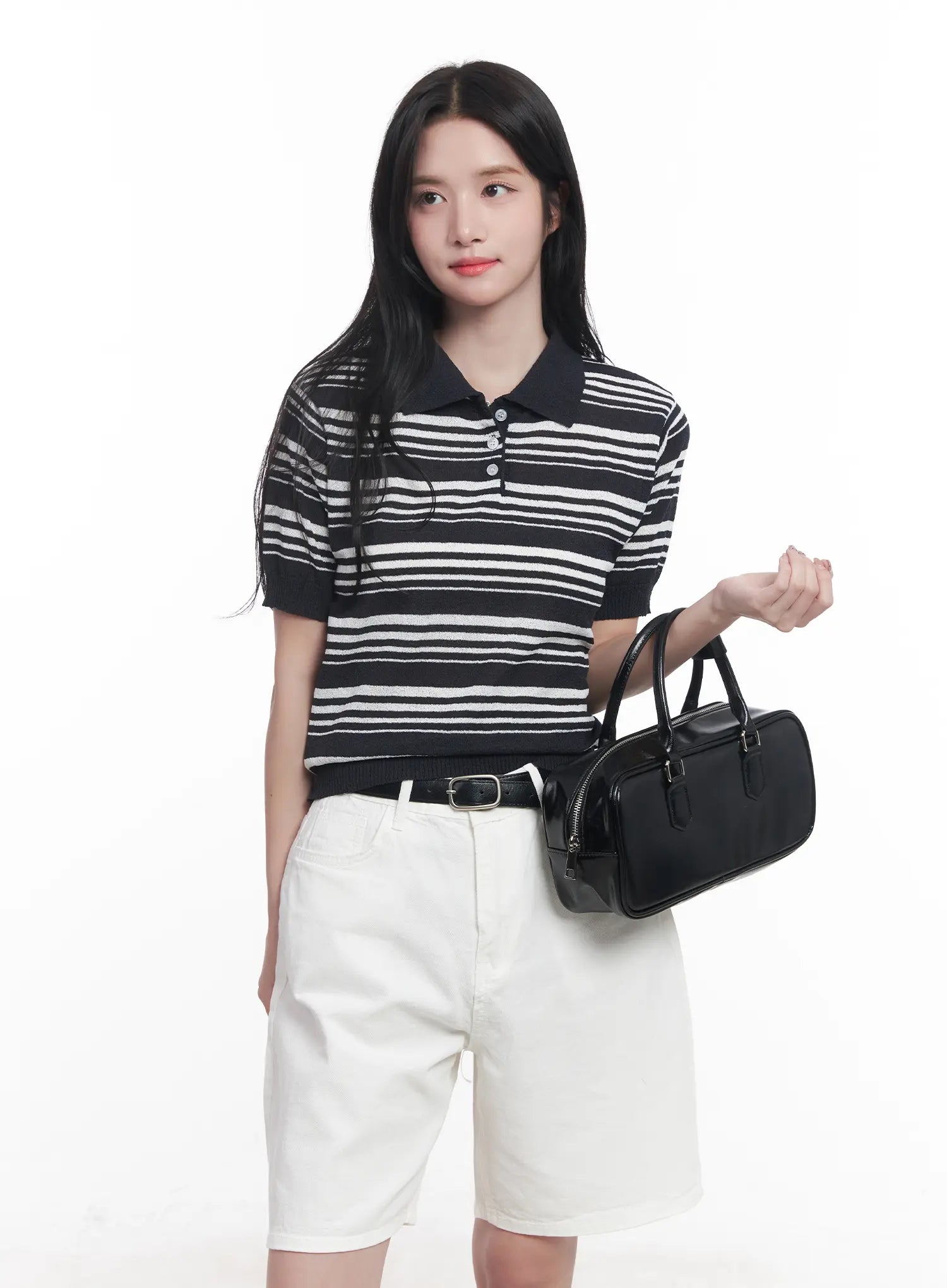 Striped Collared Short-Sleeve Sweater CU525