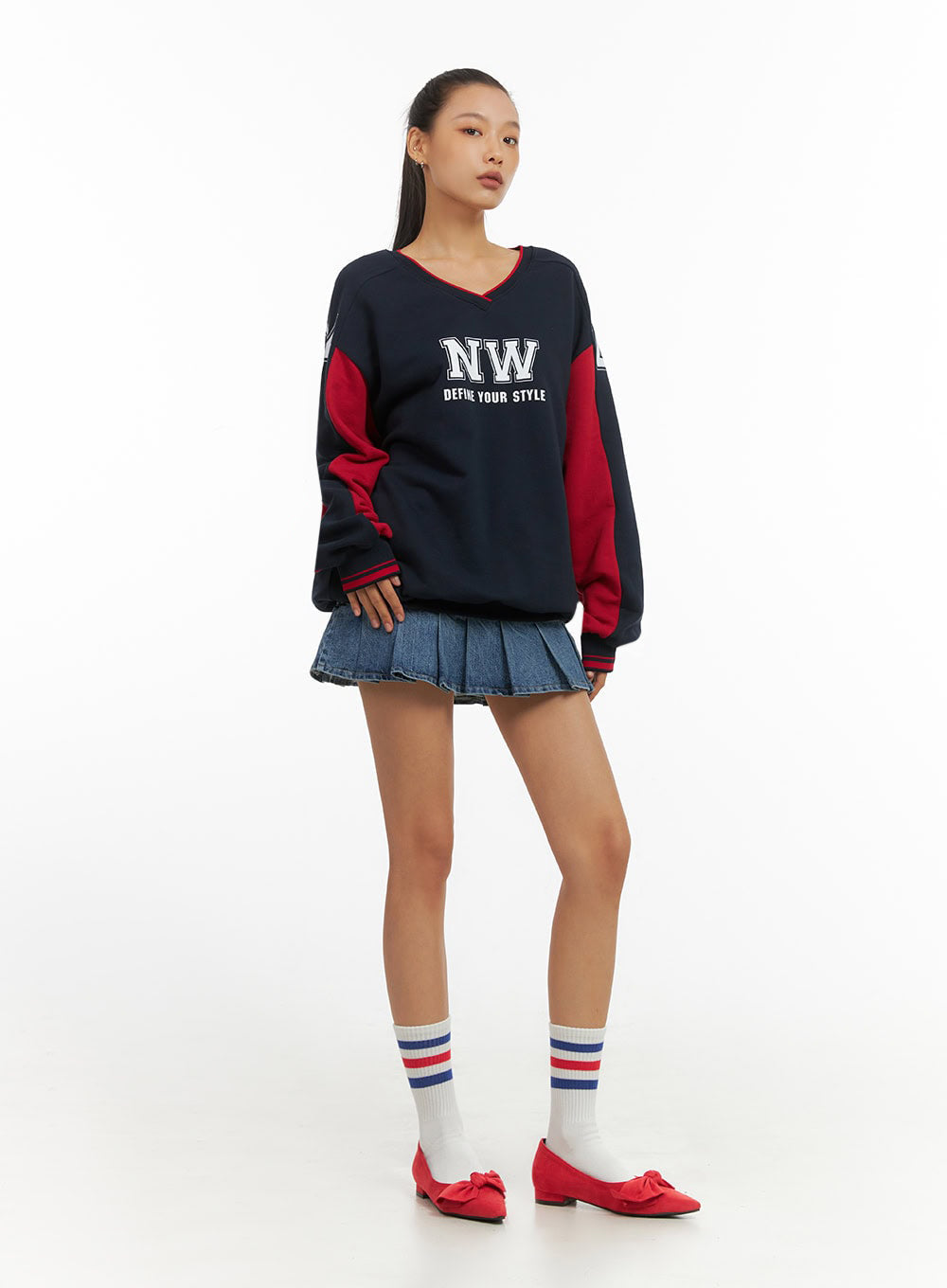 Dark Blue V-Neck Jersey Sweatshirt IO409