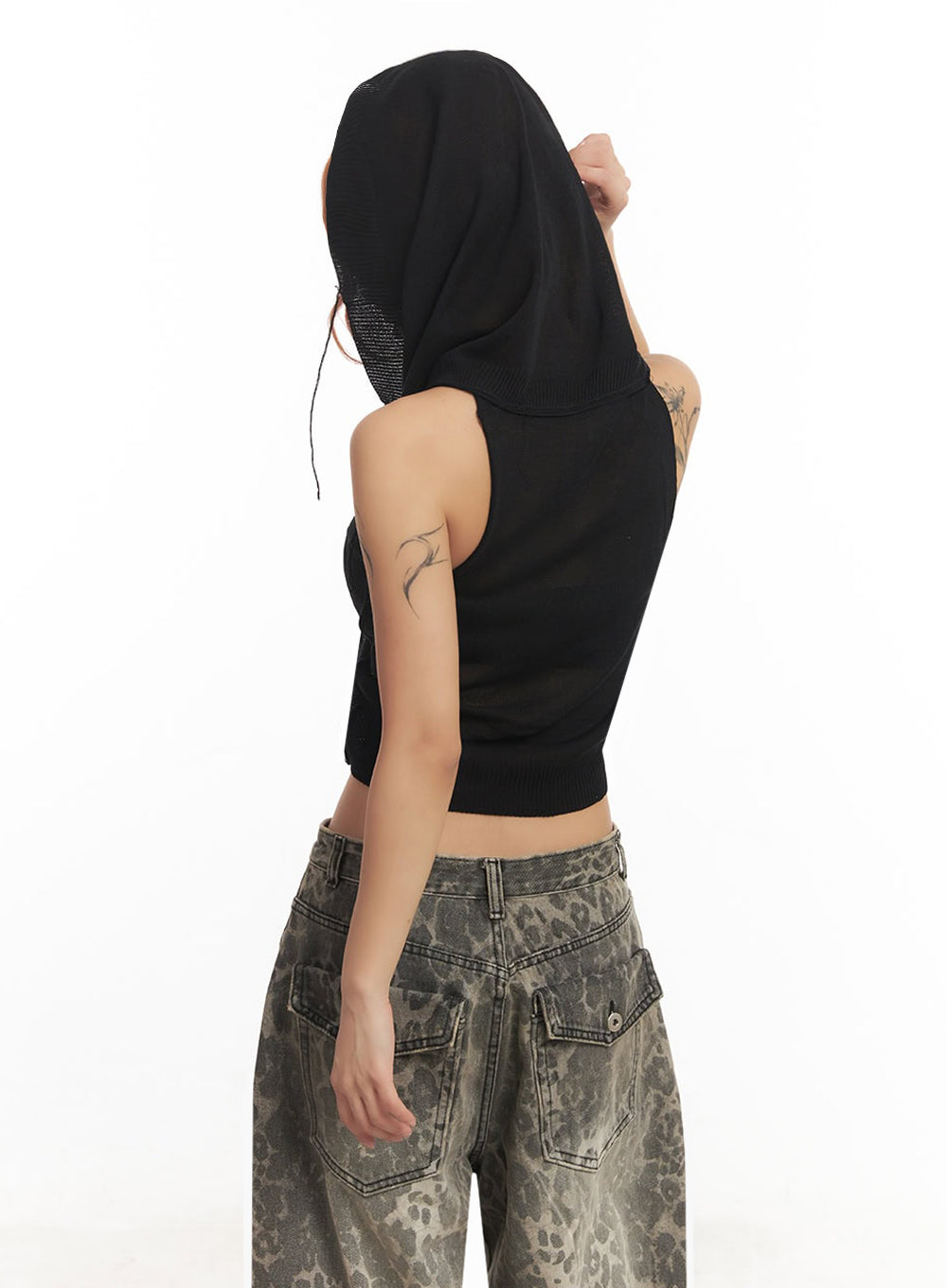 Knit Sleeveless Hooded Crop Top IA517