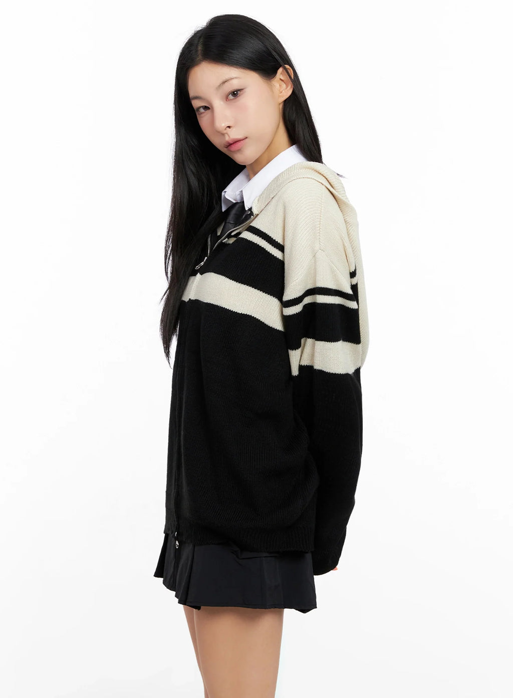 Striped Oversized Zip-Up Knit Hoodie IG508