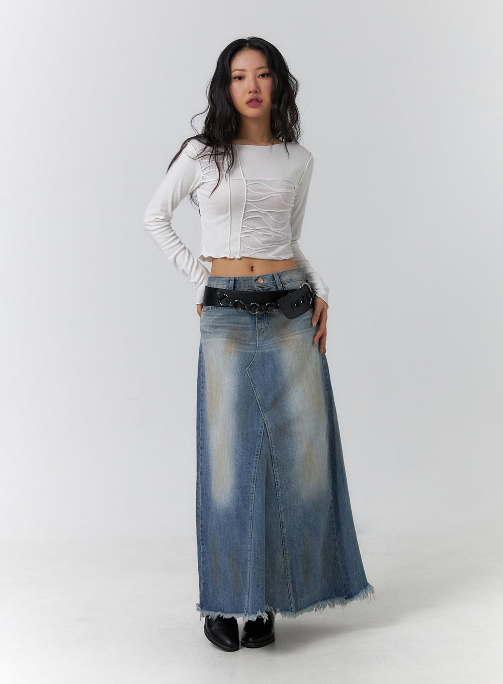 Vintage Washed Raw Hem Maxi Skirt CF405