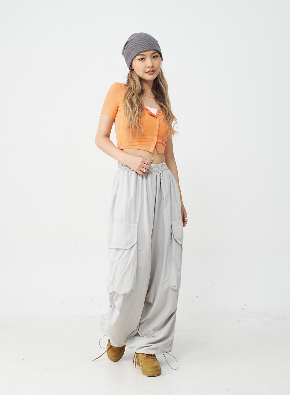 Drawstring Hem Long Wide Cargo Pants CJ21