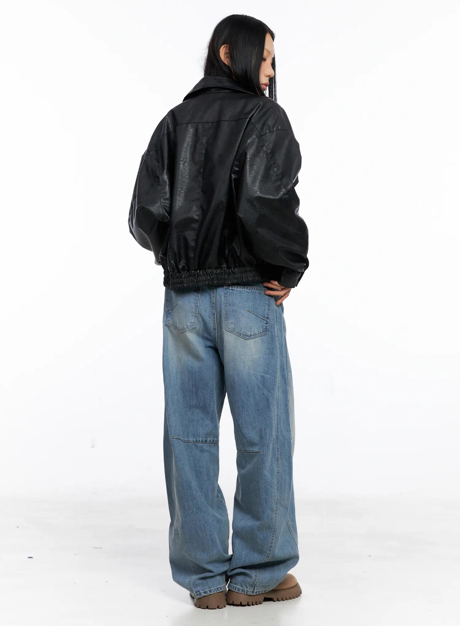 Relaxed Fit Faux Leather Bomber Jacket CS511