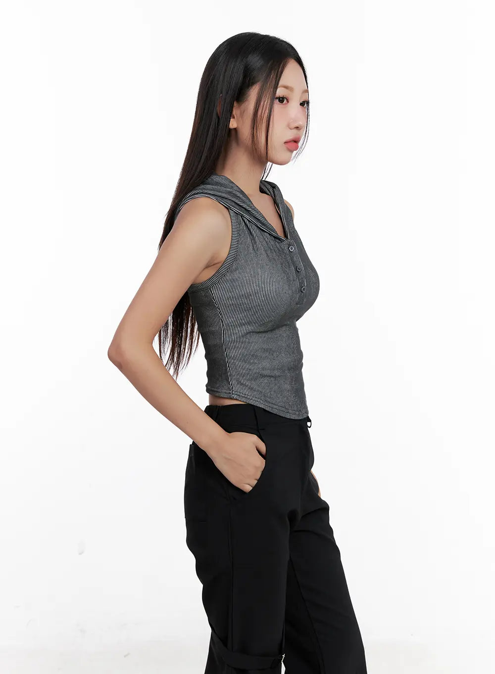 Ribbed Button Hoodie Crop Tank CL518