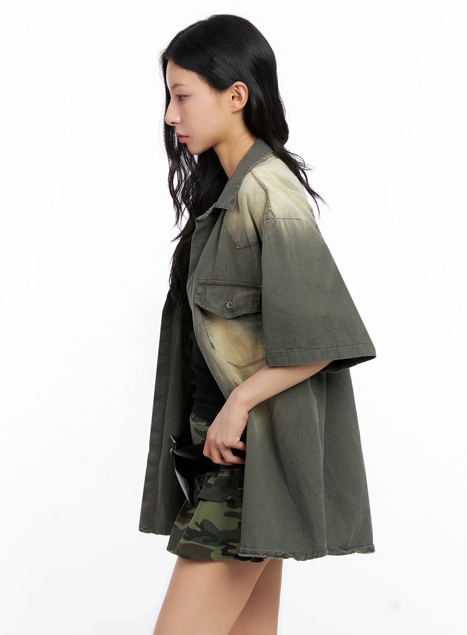 Washed Short-Sleeve Button-Up Shirt IG508