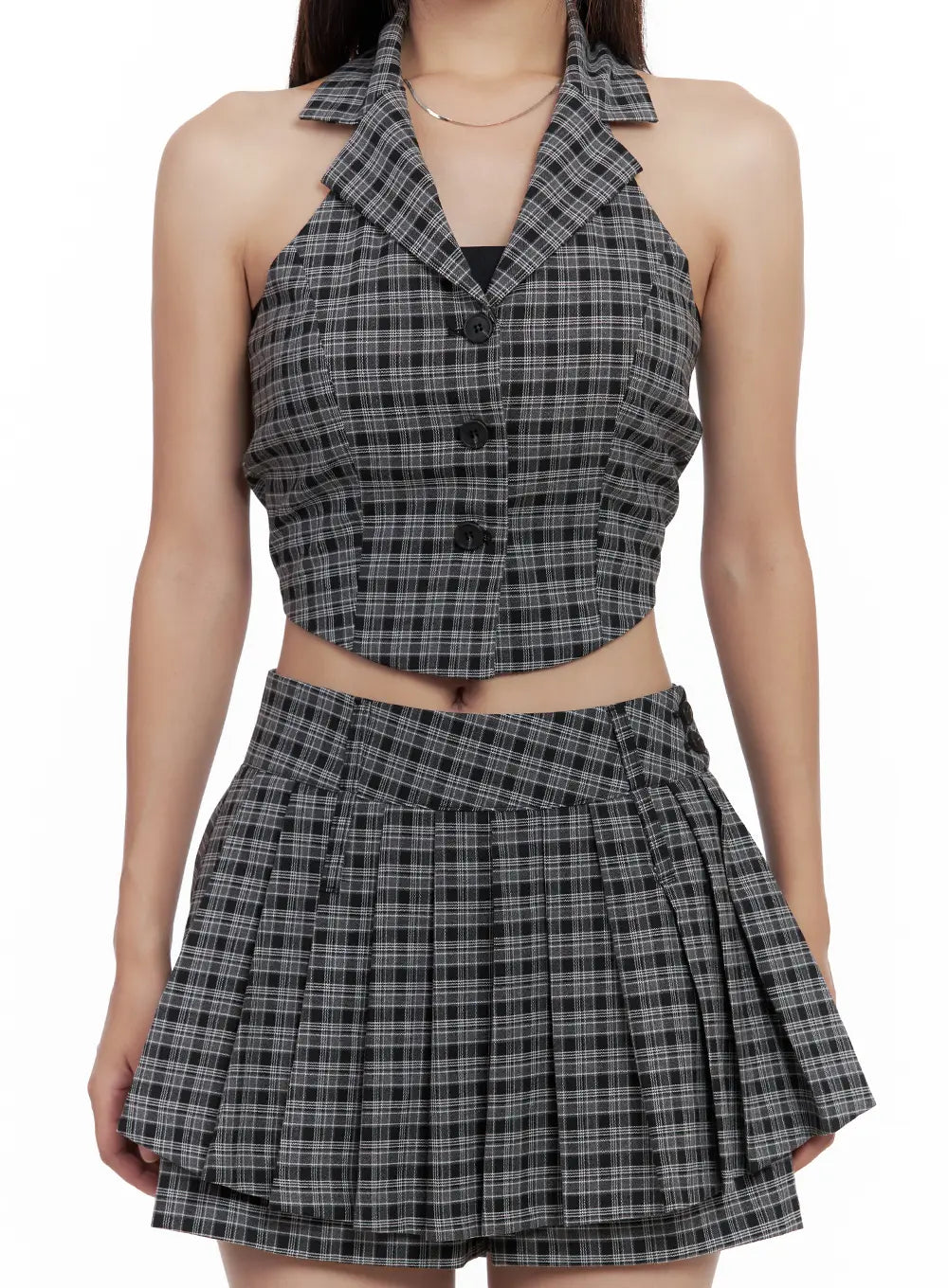 Plaid Button Halter Tank CL508