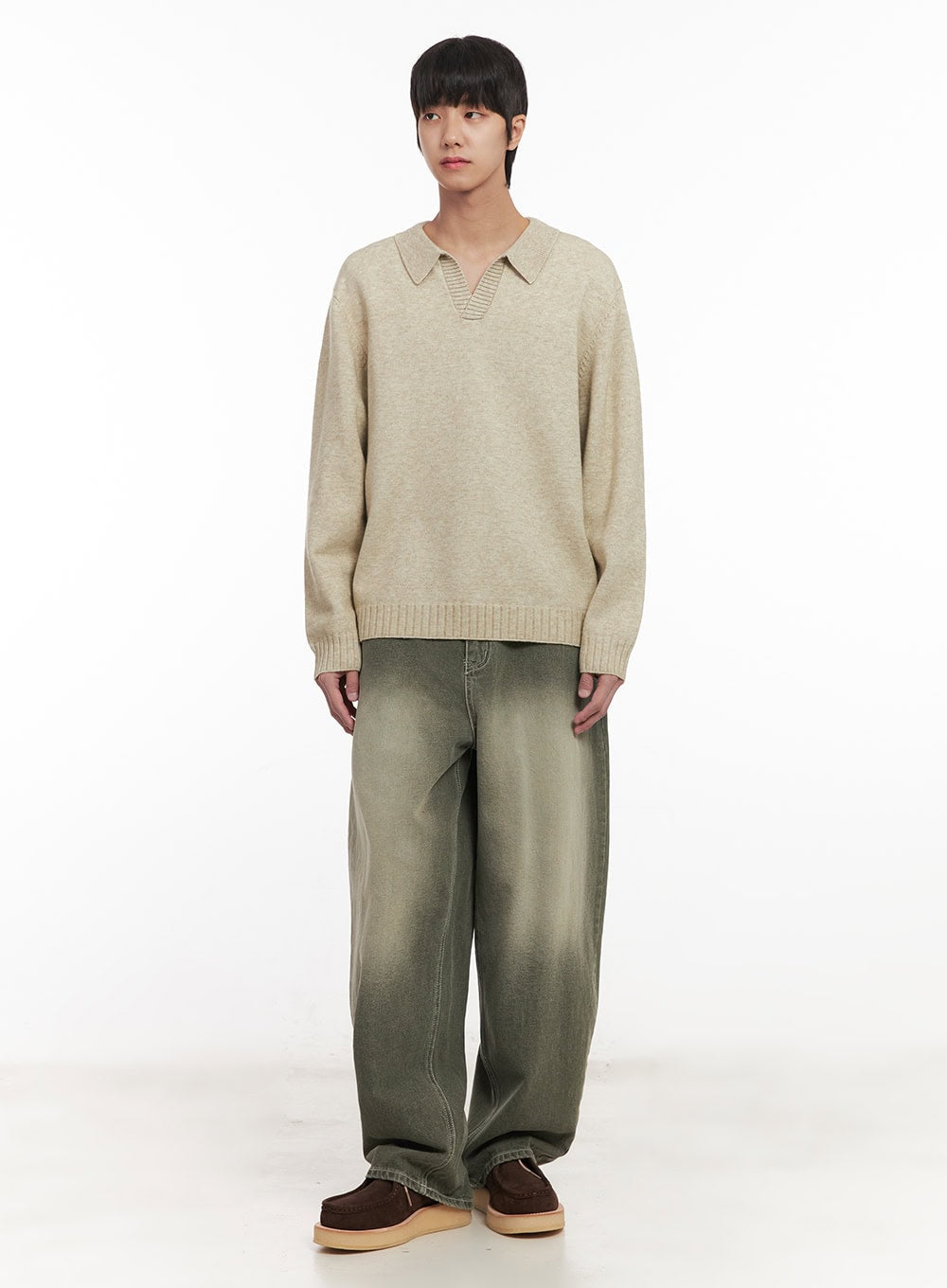 Men's Wide-Fit Washed Jeans (Dark Green) IM519