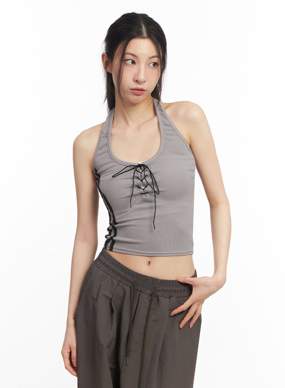 Halter Lace-Up Eyelet Crop Tank Top IY529