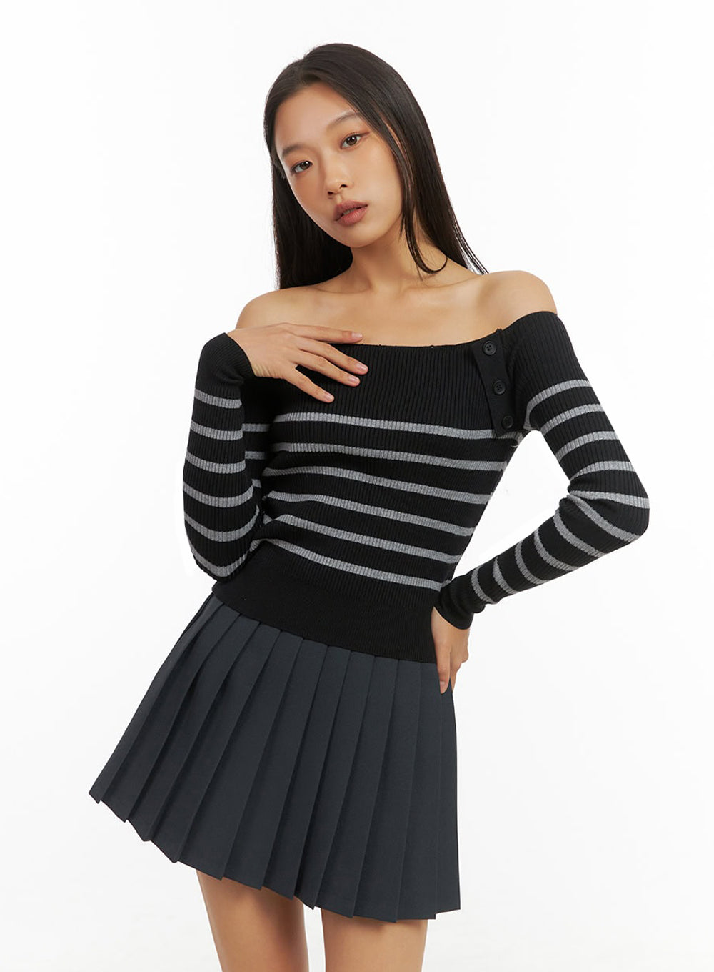 Stripe Buttoned Off-Shoulder Top IO409