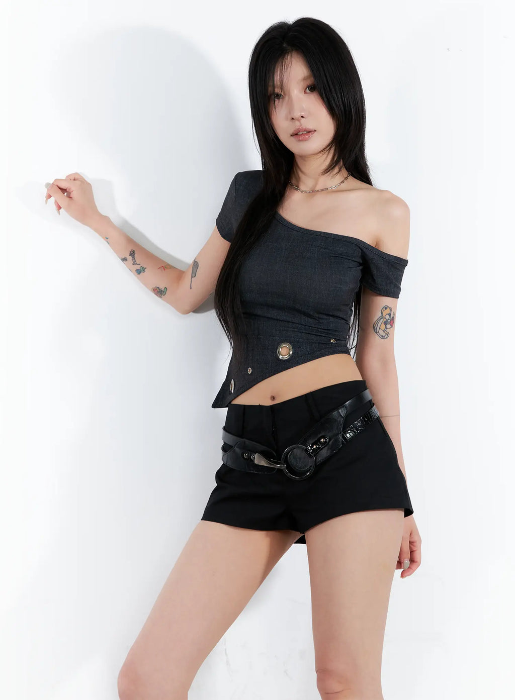 Asymmetric Eyelet Crop Top CL525