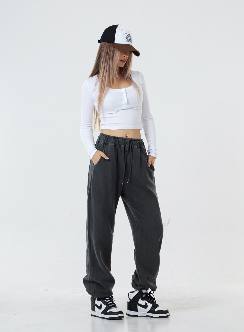 Button U-Neck Crop Long Sleeve T-Shirt CS02