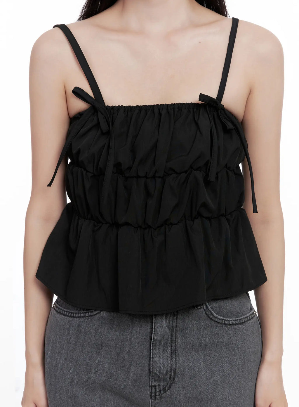 Ribbon Strap Ruffle Scrunch Tank CL516