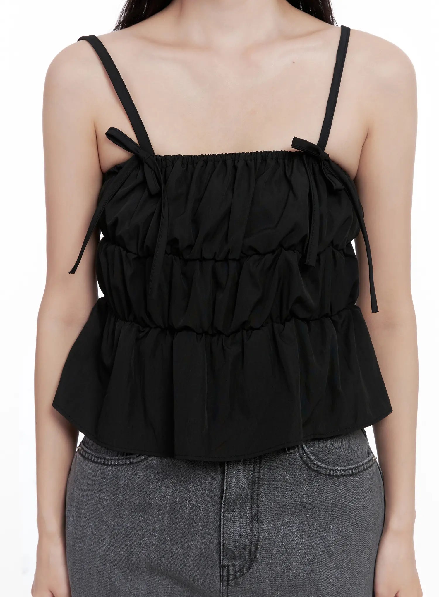 Ribbon Strap Ruffle Scrunch Tank CL516