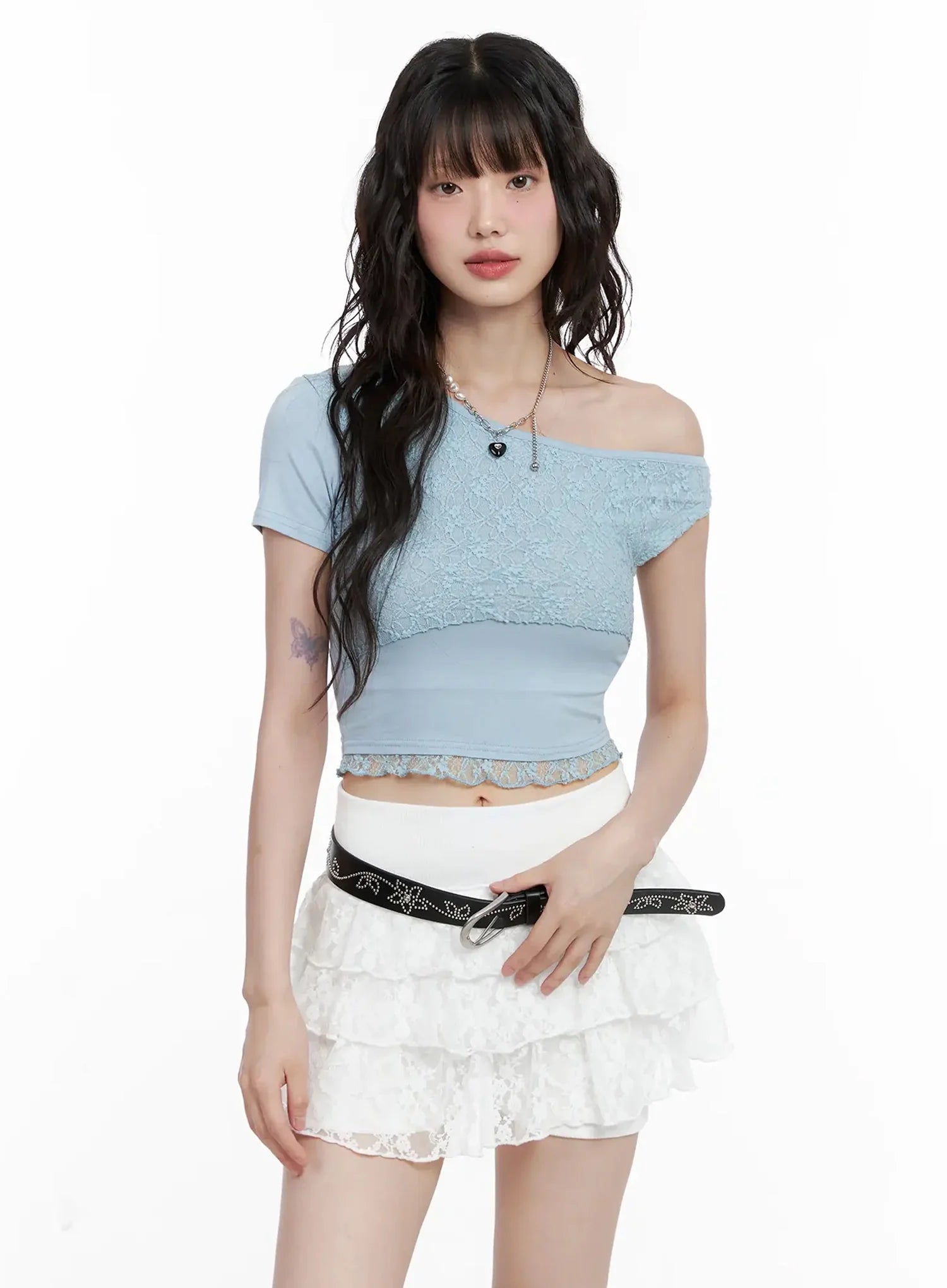 Asymmetric Off-Shoulder Lace-Trim Top IL531