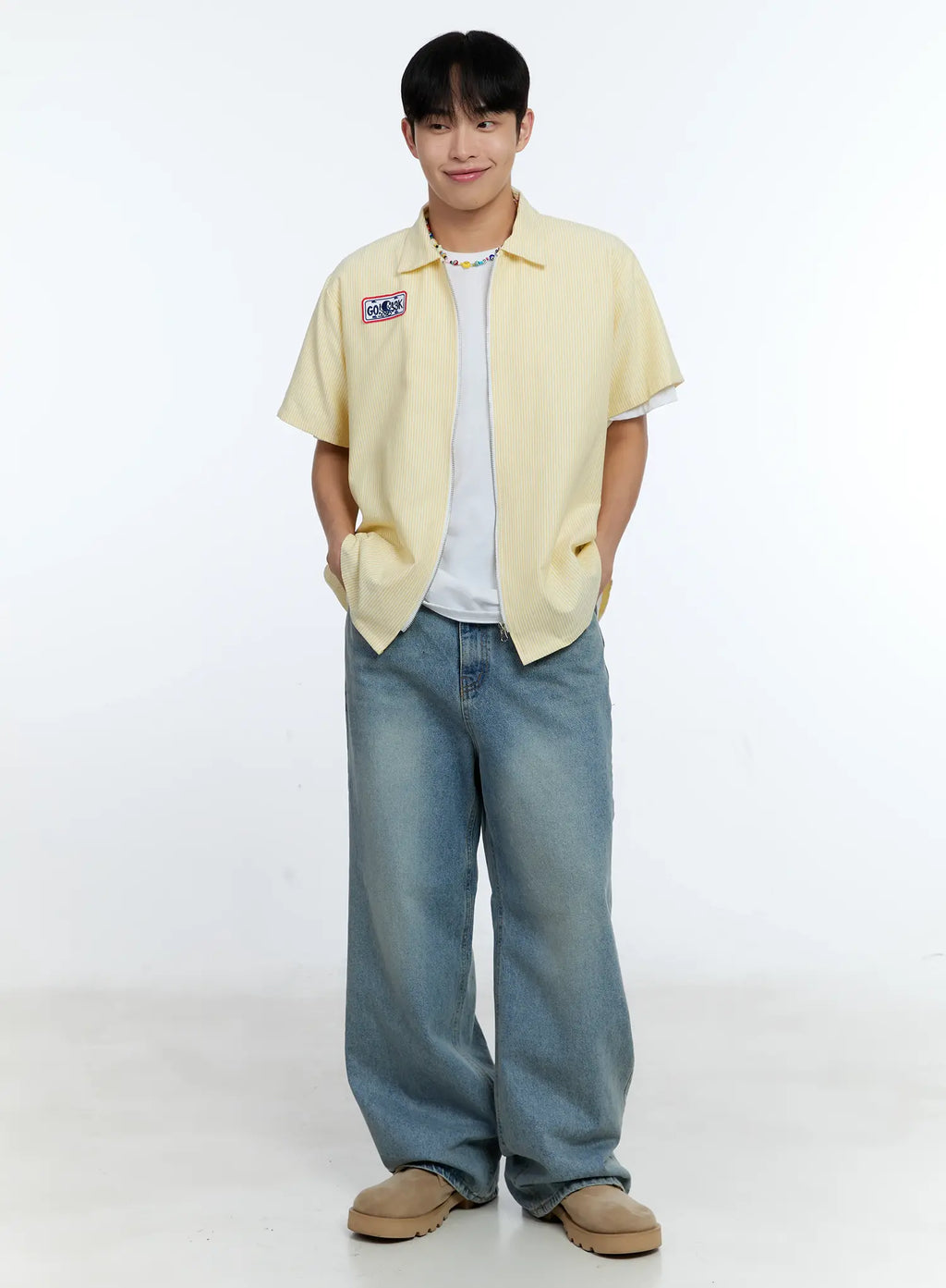 Men's Pinstripe Short Sleeve Zip Shirt IG519